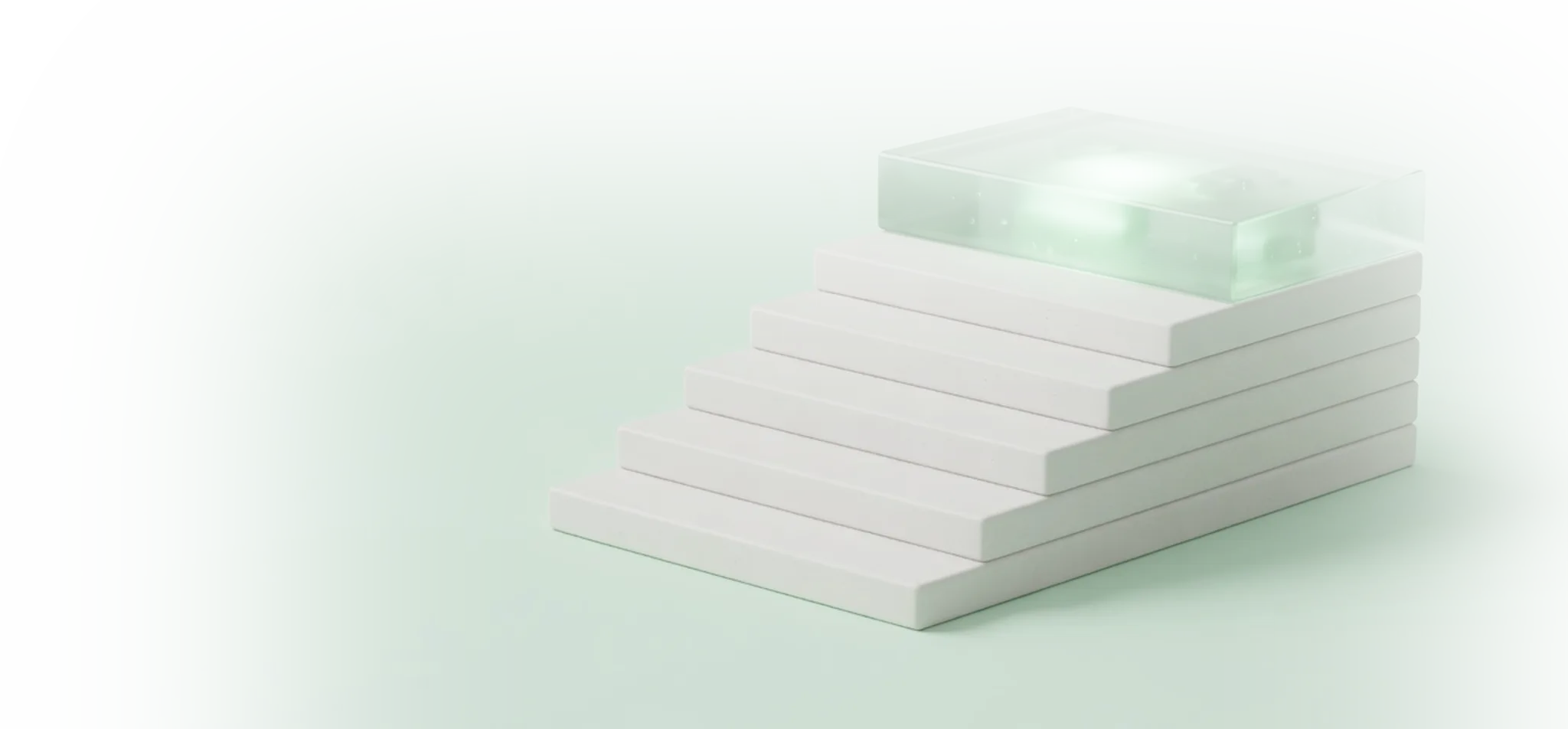 A staircase of matte white slabs with a translucent green glass block glowing on the top step